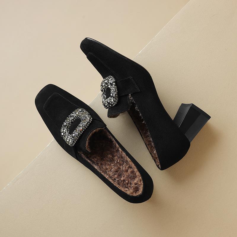 Spring 2025 New Single Shoes Square Head Thick Heel Rhinestone Versatile Commute To Work Occupation Daily Foot Cover Women's Loafers