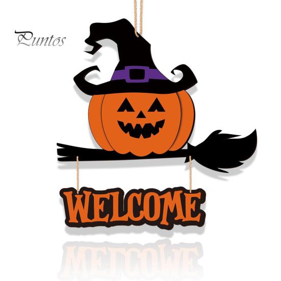 Black Cat Party Prop Halloween Wooden Welcome Door Sign, Pumpkin Ghost Bat Hanging Decor Indoor Outdoor Decoration for Yard, Home Entrance Rustic Wood
