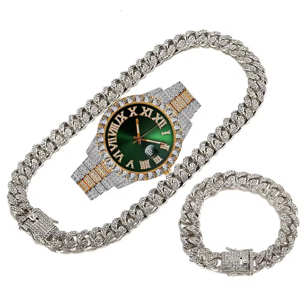 Bling Fully Iced Out Quartz Watch Necklace Bracelet Set Silver Gold Plated 13mm Chain Diamond Pointer Dial Men's