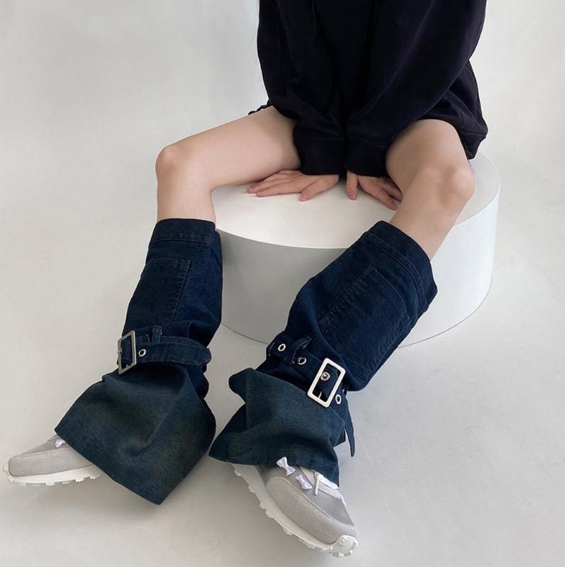 Harajuku Cargo Leg Warmers with Adjustable Buckle Strap Pocket for Women Punk Denims Baggy Foot Covers Footless Socks