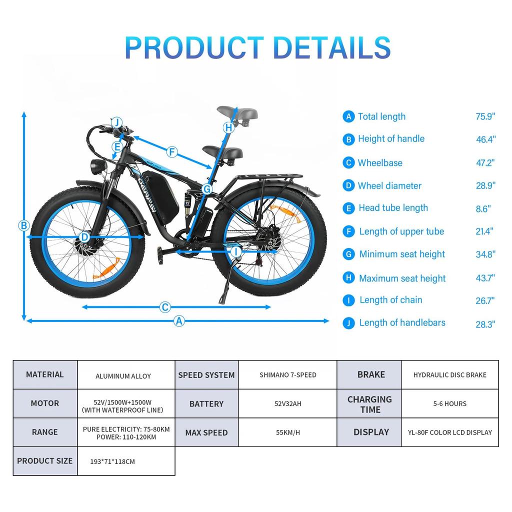 New Model DP2603-3000W Dual Motor 48V25AH26*4.0 Fat Tires Dual Suspension Adult Off-road All-terrain Electric Bicycle
