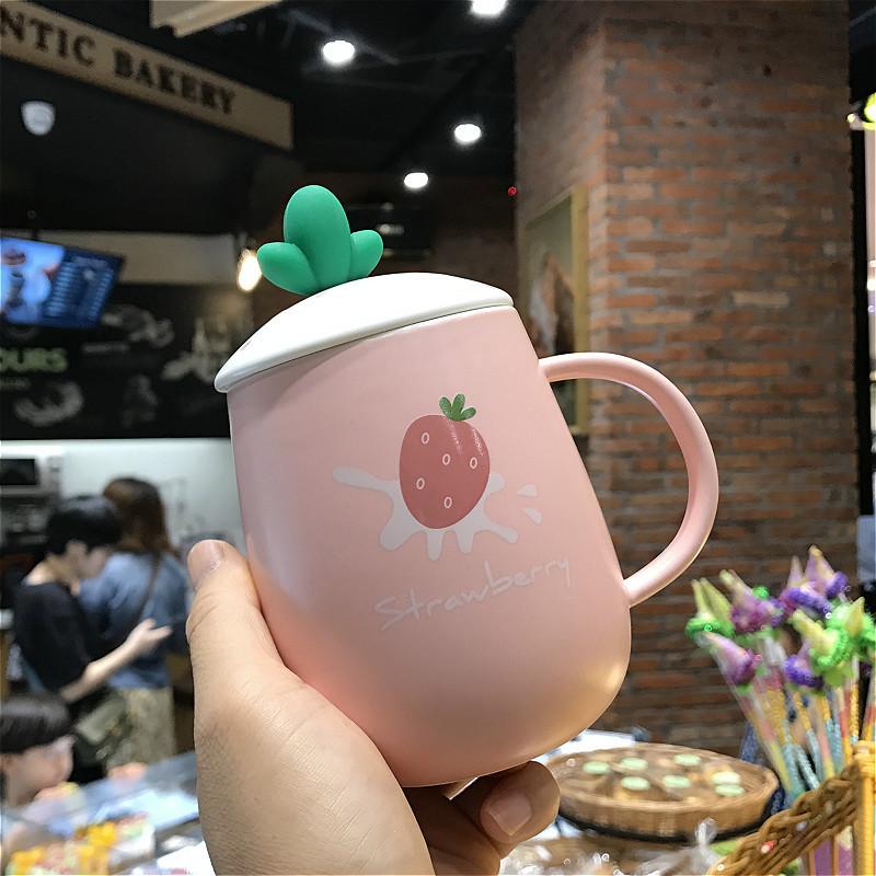 Gift Strawberry Cute Water Cup Super Cute Ceramic Cup with Lid and Spoon Korean Girl Student Mug Office