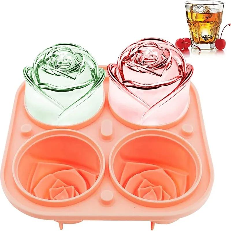 3D Rose Ice Molds 2.5 Inch Large Ice Cube Trays Make 4 Giant Cute Flower Shape Ice Silicone Rubber Fun Big Ice Ball Maker