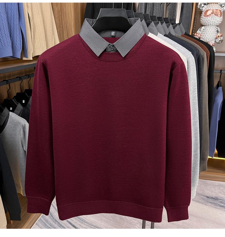 Men's Two-in-One Fleece-Lined Knit Sweater with Shirt Collar for Autumn/Winter