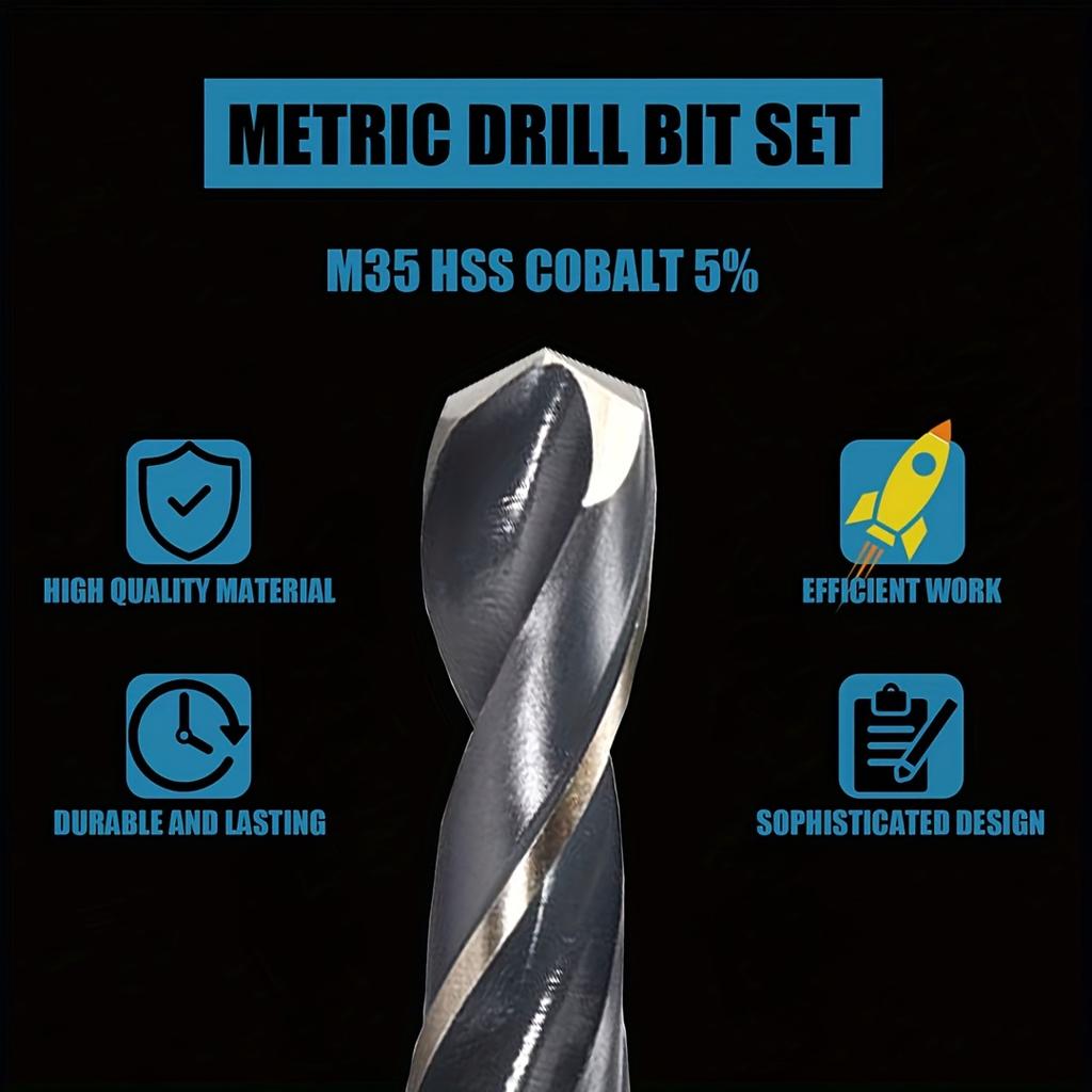 19 Pcs Drill Bit Set M35 Cobalt Round Straight Handle Metric Drill Bit Set 1mm-10mm Drill Bits Suitable for Cast Iron, Copper,
