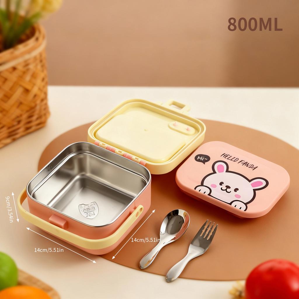 304 Stainless Steel Handheld Lunch Container Leak-proof Cartoon Square Children's Bento Lunch Box With Fork Spoon Microwave Safe