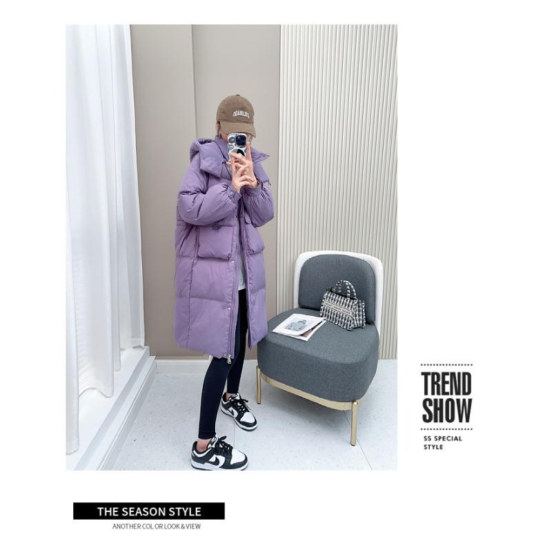 Down jacket women's medium and long knee winter new waist fashion loose thickened hooded white duck down