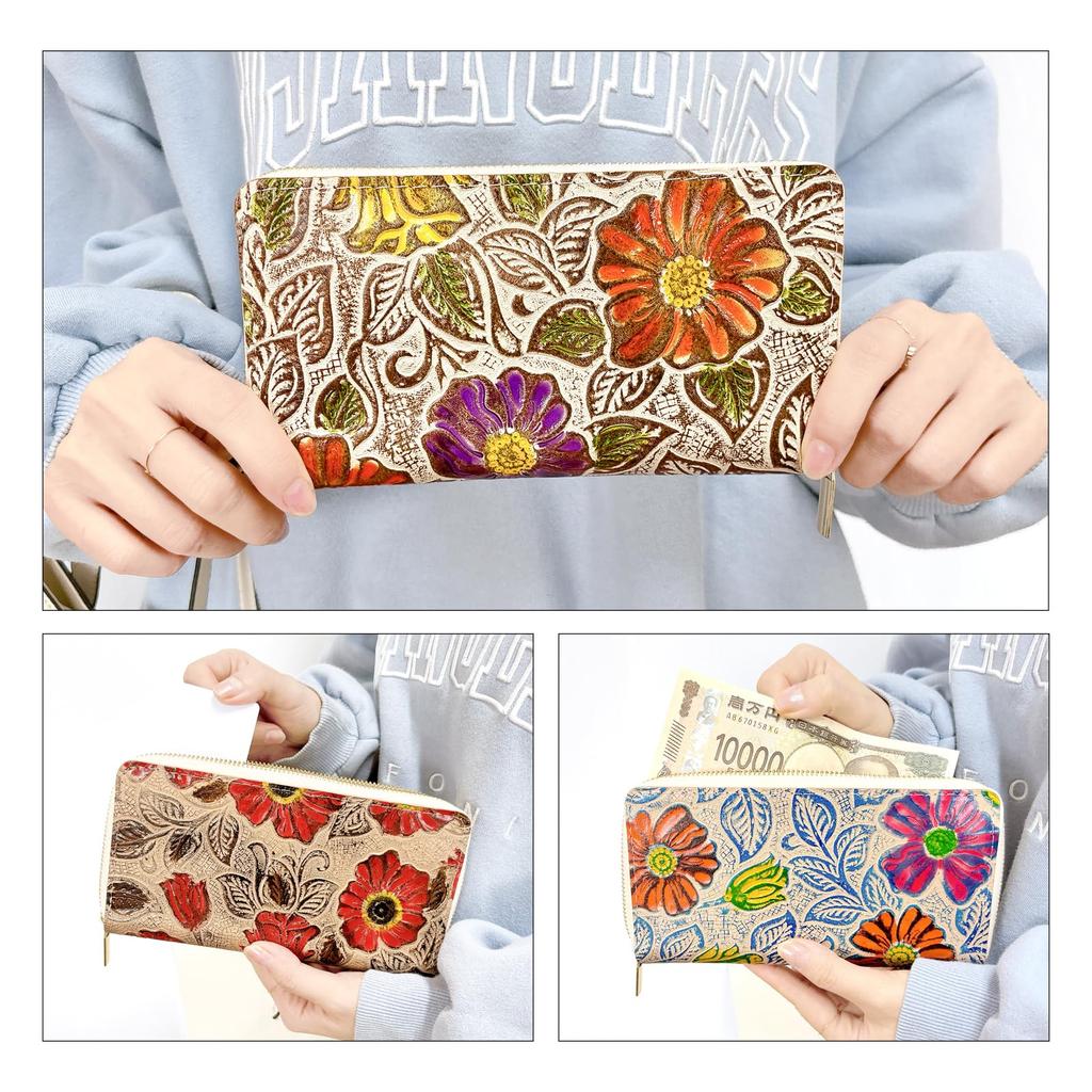 Leo&Aoi Genuine Leather Bellows Long Wallet with Round Zipper, Card Slots, Bill Compartment, Coin Purse, Card Pockets, Bellows Style, Floral Pattern,