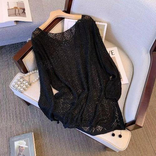 

Вязаный свитер с цветочным узором и полым крючком для женщин, летний ленивый стиль, свободный, средней и длинной длины, с длинными рукавами, солнцезащитная одежда, тонкая версия L чёрный