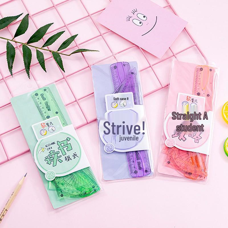 Soft Ruler Student Stationery: 20cm Soft Straight Ruler, Wavy Triangle Ruler, Protractor - Four-Piece Set 20cm