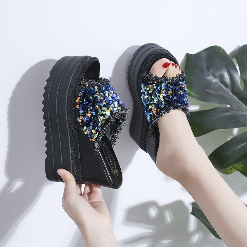 Women's Fashion Platform Slippers Designer Wedge Sandals Elegant Sequins Summer Party Shoes