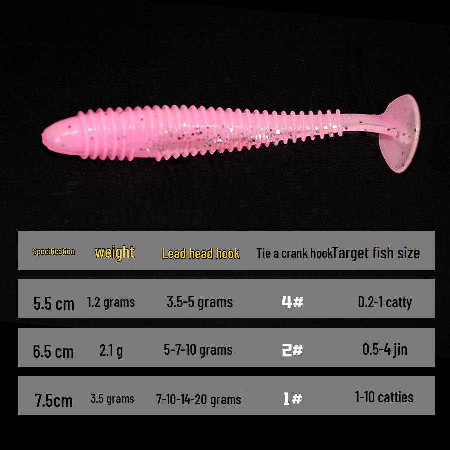 T-Tail Soft Bait Lure: Artificial Worm with Lead Head Hook for Long Cast Bass Fishing, Drop Shot T-Tail Design.