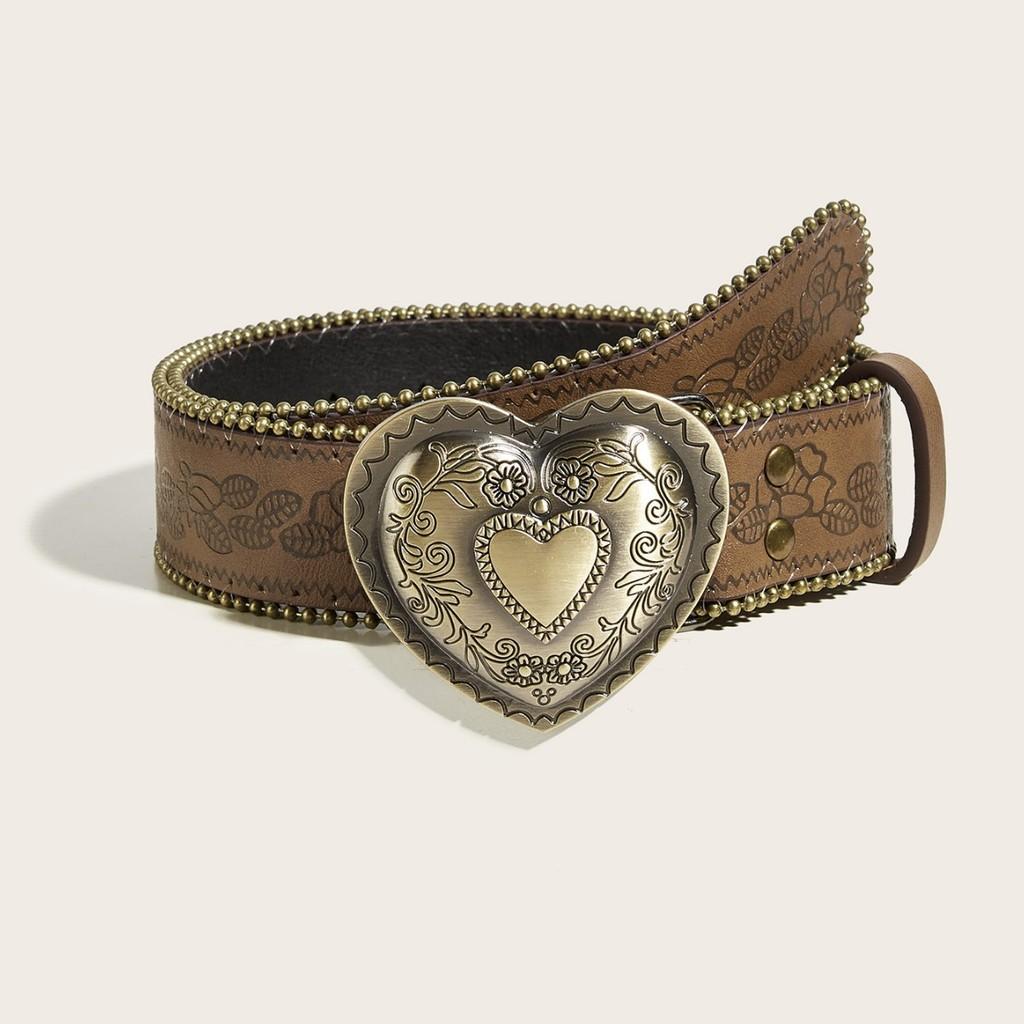 Shaped Heart Retro Rivet Belt Pu Leather Alloy Snap Closure Men Teens Streetwear