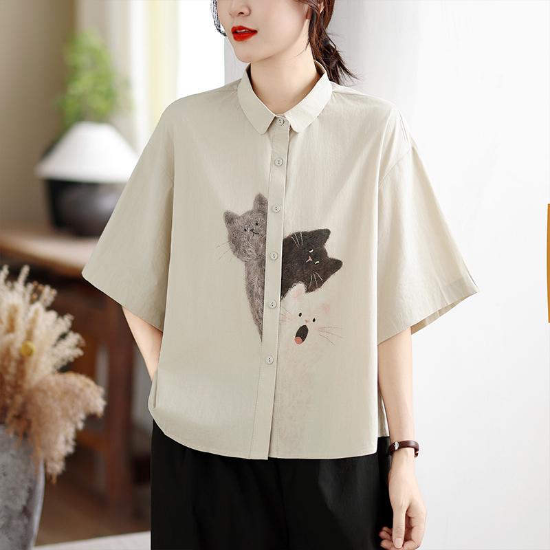 DIMANAF 2026 Women Plus Size New Summer Blouse Shirt Short Sleeve Cotton Print Casual Loose Lady Tops Shirts