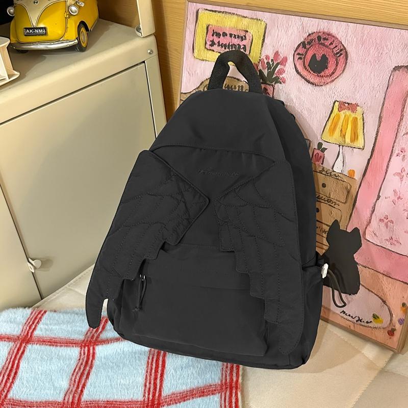 Cute Angel Wings Quilted Backpack Fashion Nylon School Bag Stylish Embroidered Pattern Casual Backpack Spacious Daily Travel Bag