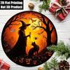 Décoration Murale Ronde en Aluminium Halloween Sorcière Chat Citrouille 20x20 cm pour la Maison