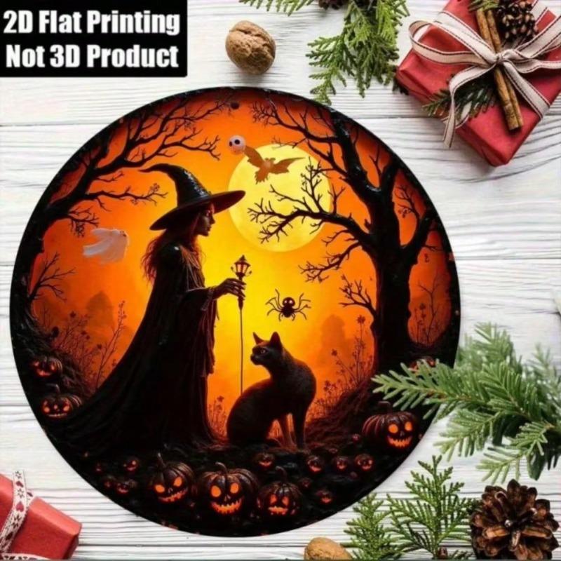 Décoration Murale Ronde en Aluminium Halloween Sorcière Chat Citrouille 20x20 cm pour la Maison