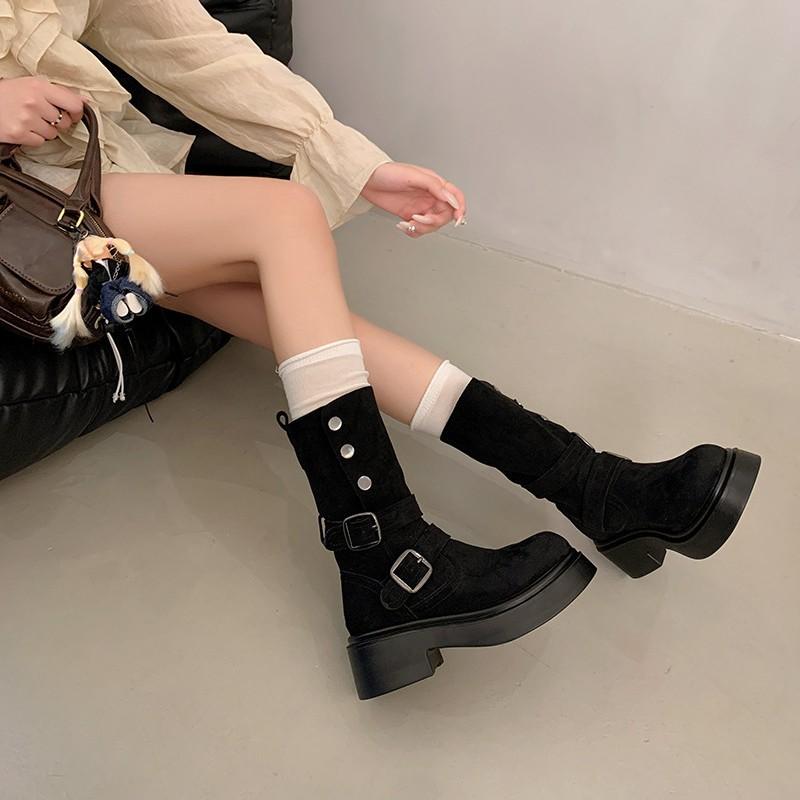 Women's Belt Buckle Fashion Hundred Soft Elastic Comfortable Ankle Boots Shock Absorbing Anti-slip Casual Sports Martin Boots
