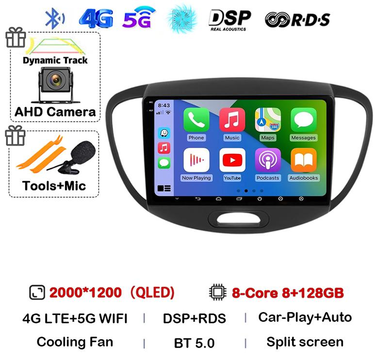 Android 14 CarPlay Auto Car Radio GPS For Hyundai i10 2007 2008 2009 2010 2011 2012 2013 Multimedia Video Player Stereo WIFI+4G