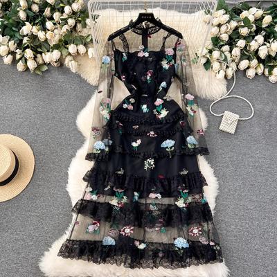 Frence Vintage kvetinová výšivka Večerné spoločenské šaty Letné Dlhý Rukáv Princezná Víla Vestidos Čipka sieťovina volániky Oblečenie