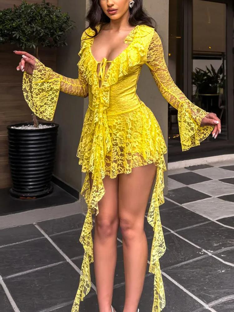 Summer Lace Ruffled Streamer Dress for Women Flare Long Sleeve V Neck Sexy Mini Dress See Through Fashion Elegant Dresses