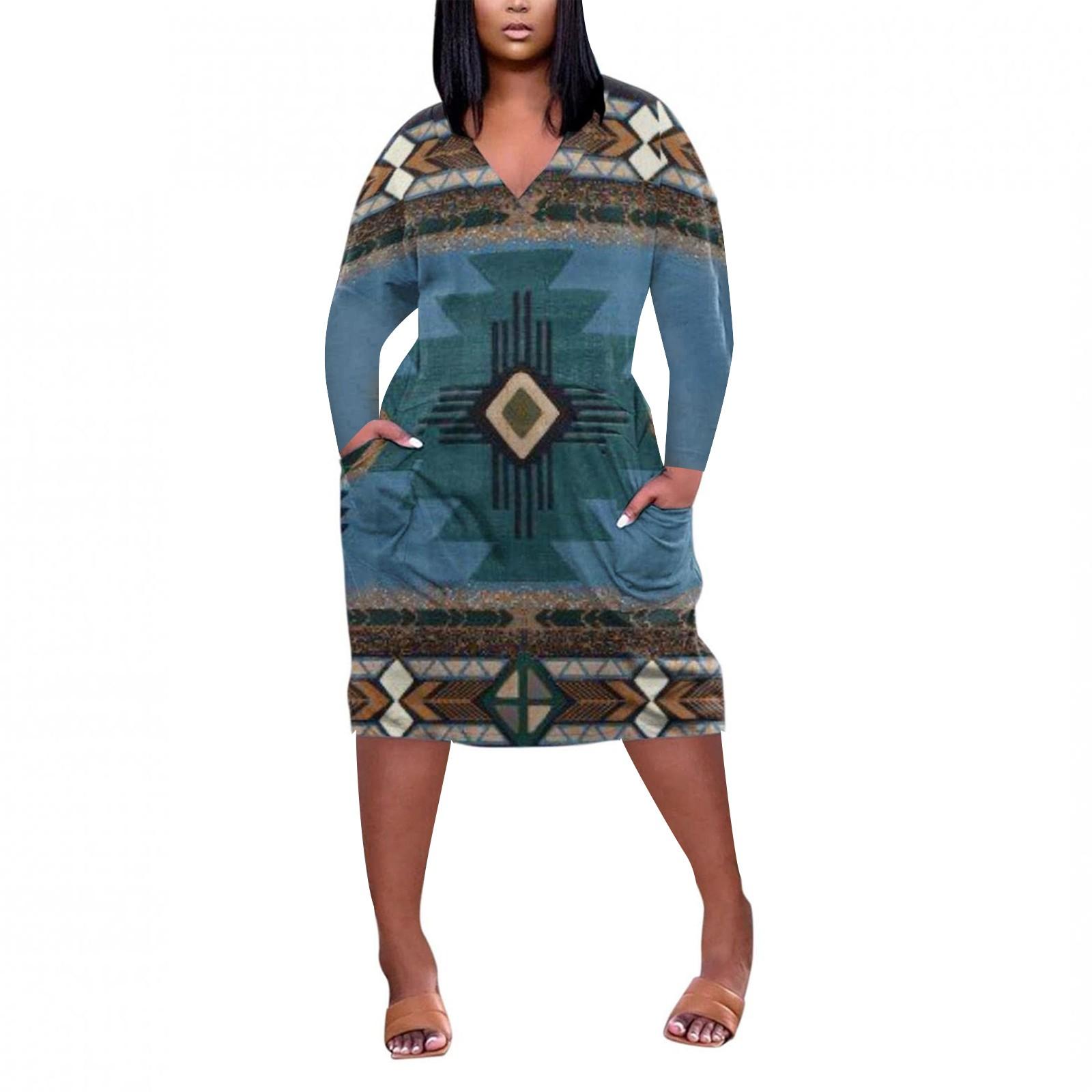 

Women s Loose Casual Plus Size V Neck Printed Long Sleeve Knee Pocket Dress L Темно-синій