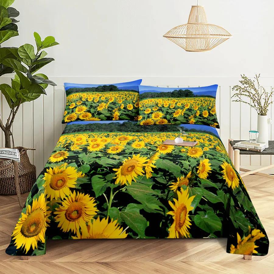 Sunflower Bed Sheets and Pillowcases for Single Double Beds Bedsheets Set with Pillow Case 2pcs 3pcs Queen Full Size 3D Soft