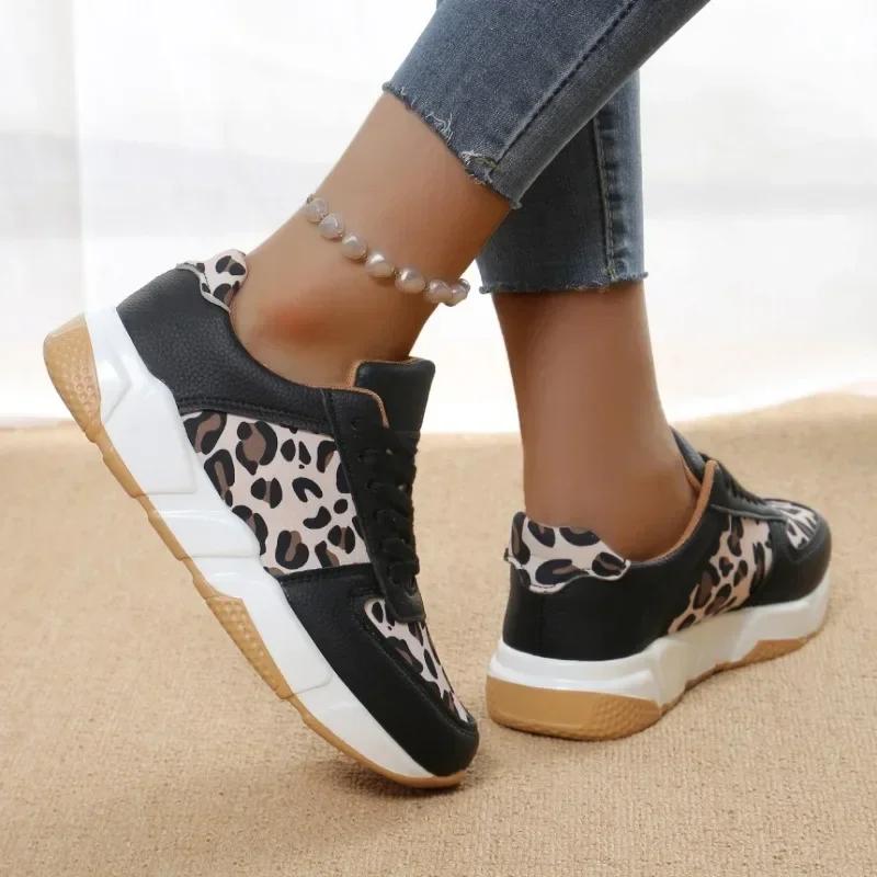 Women Platform Sneakers  New Round Toe Low-top Leopard Wedge Shoes for Women Lace Up Casual Sneakers Zapatos De Mujer