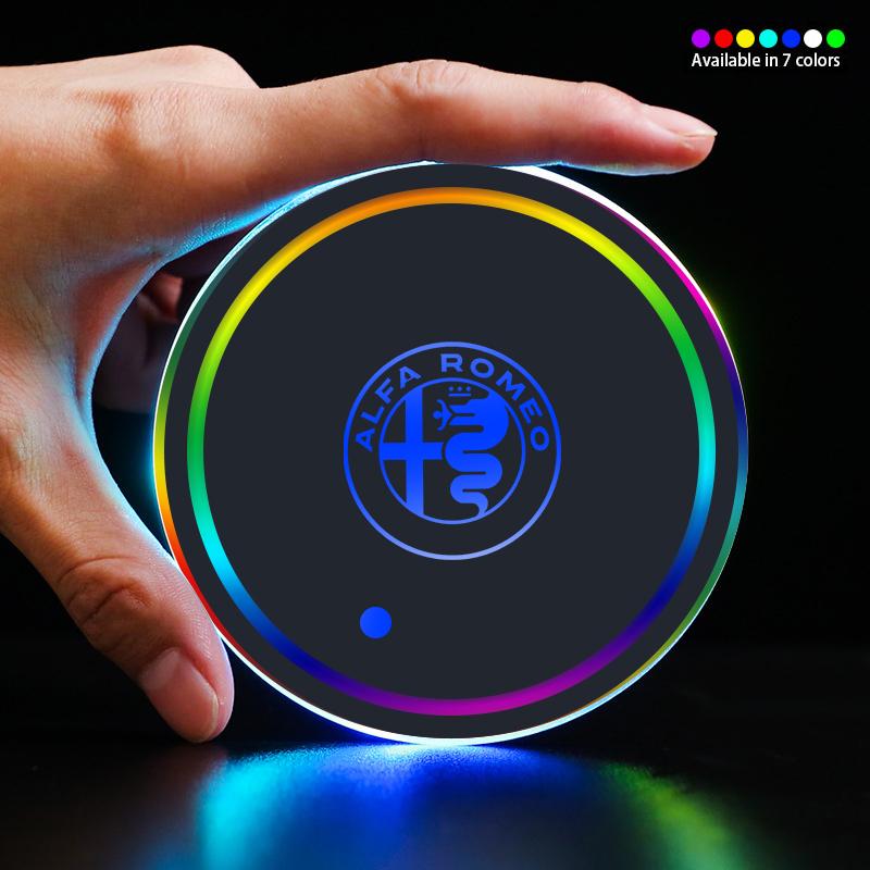For Alfa Romeo 1/2pc Led Luminous Car Water Cup Coaster 7 Colorful USB Charging Light For Alfa Romeo 4C Mito Giulietta 159 Sport zl9
