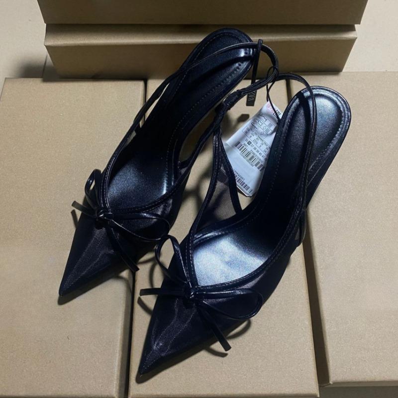 

Летние Элегантные Сетчатые Женские Босоножки на Высоком Каблуке Сексуальные с Острым Носком Бант Вечернее Платье Слингбэк Офисные Туфли 35 чёрный