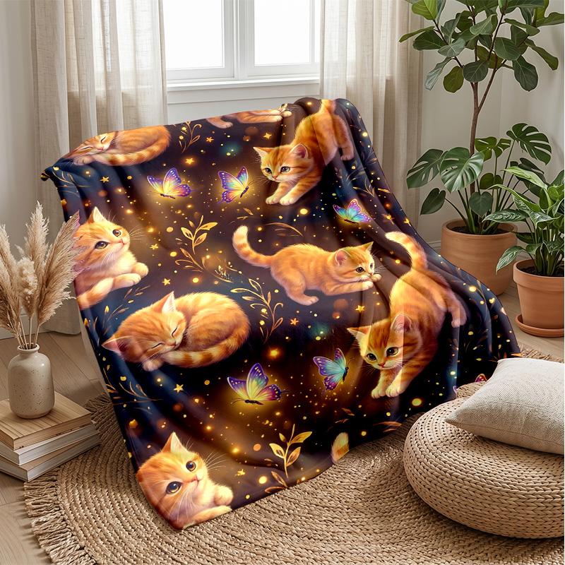 Golden Autumn Cat Theme blanket Lightweight Warm Flannel Blanket Decorative Throw Blanket for Home Decoration