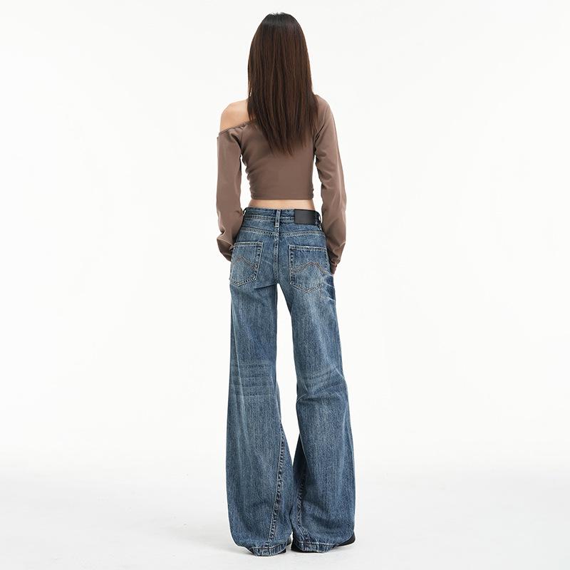 Women's American Retro Micro Flare Jeans - Fall 2025, Lightning Crack Design, Loose Fit, Wide Leg, Slimming Style.
