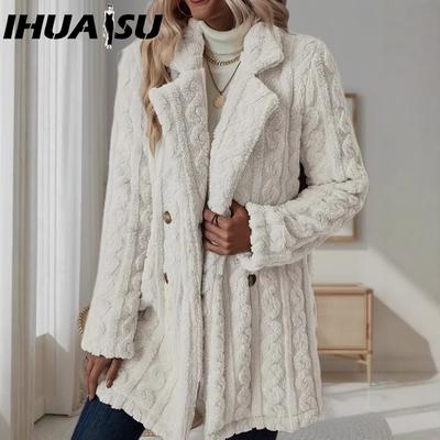 Women's Plush Coat Comfortable Casual Warm Suit Collar Double Breasted Mid-length Coat