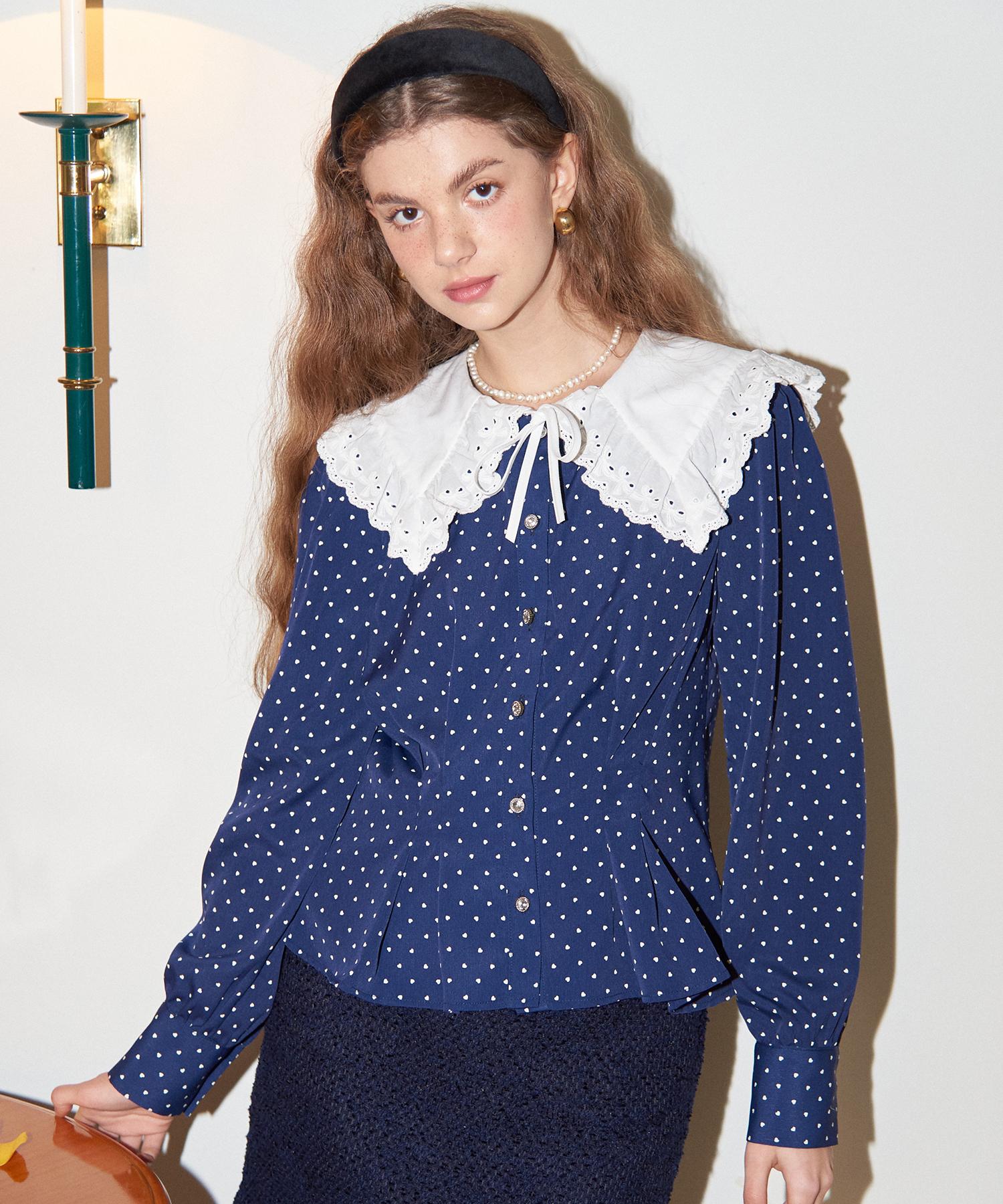 Salon De Yon Lace Collar Puff Shoulder Blouse_ Navy Navy/M