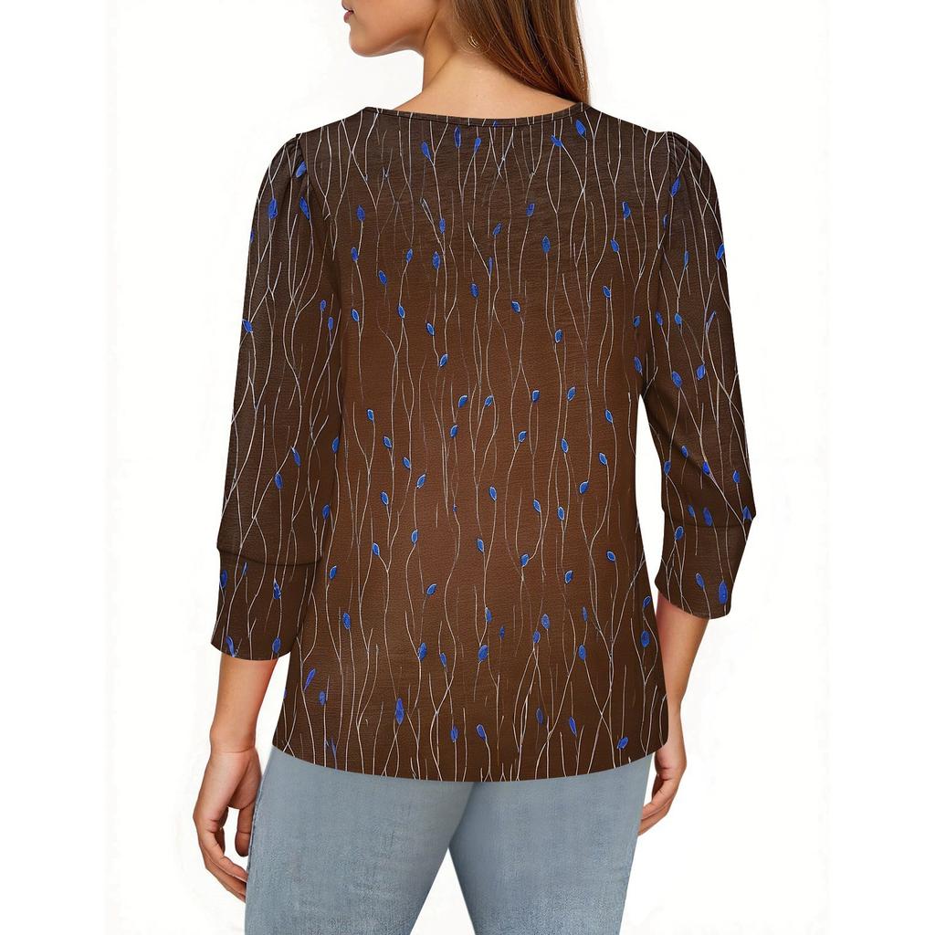 Women's Fashion Casual 3/4 Sleeve Print Shirt Women's Round Neck Tops