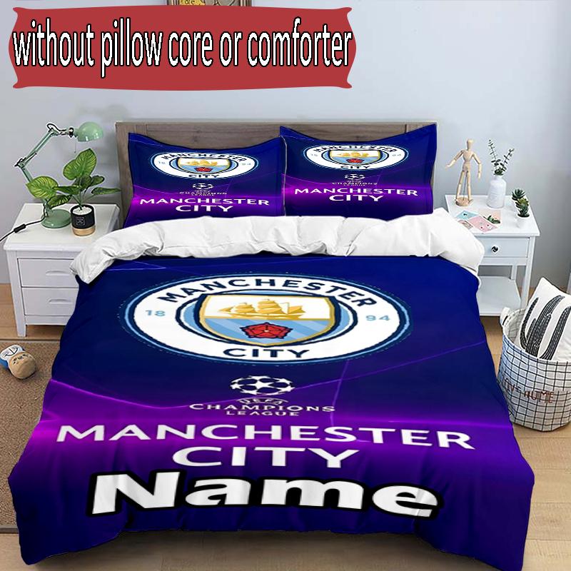 3pcs Duvet Cover Set (1*Duvet Cover + 2*Pillowcase, Without Core), Custom Name Manchester City FC Pattern Bedding Set, Home Bedroom Decor Gift