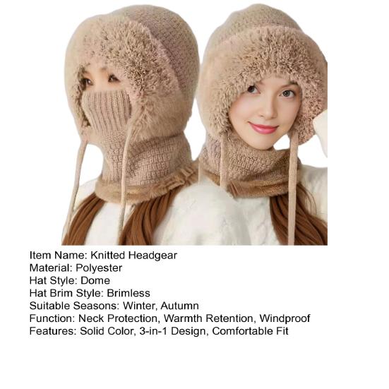 Knitted Headgear Solid Color 3-in-1 Women Knit Hat Scarf Face Guard Windproof Skiing Hiking Fleece Lined Winter Headband