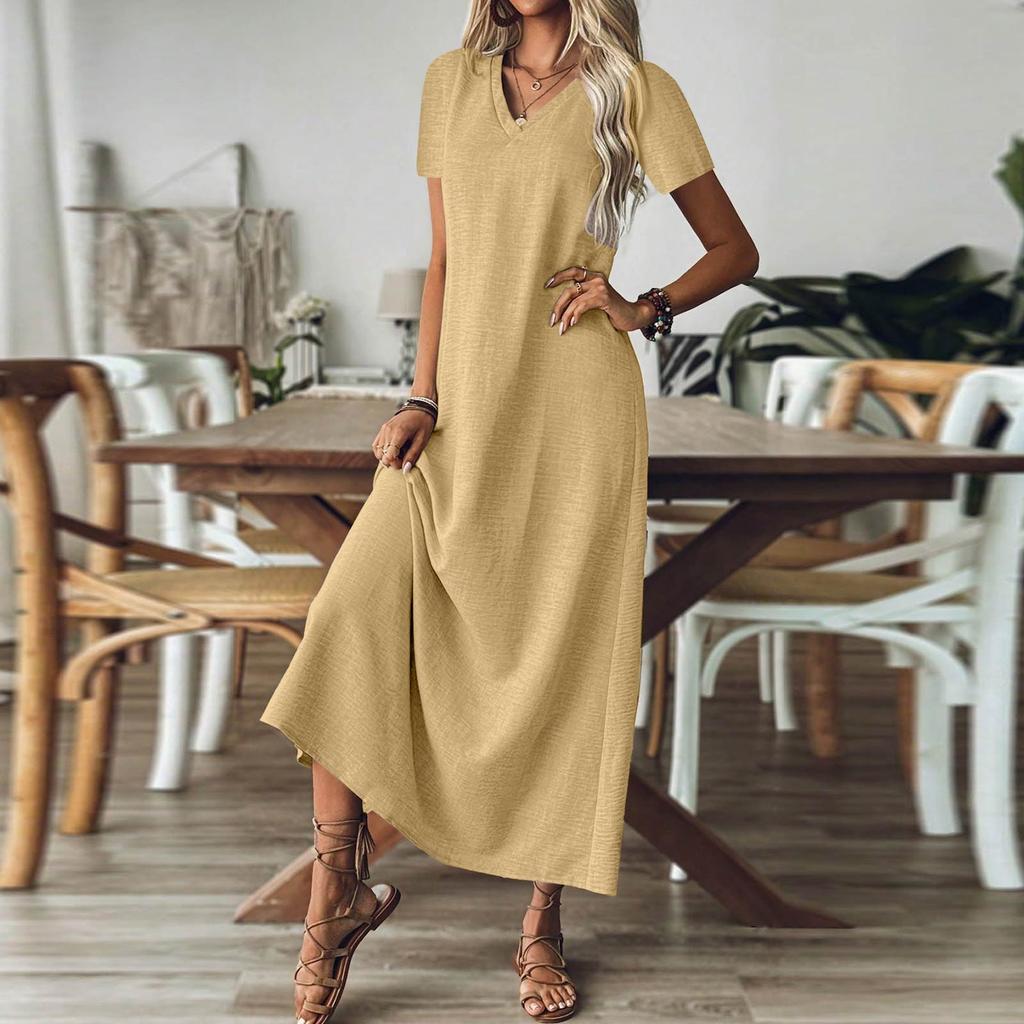 Women's Fashion V-Neck Short Sleeve Solid Color Zipper Casual Vacation Long Dress Cotton Linen Dresses