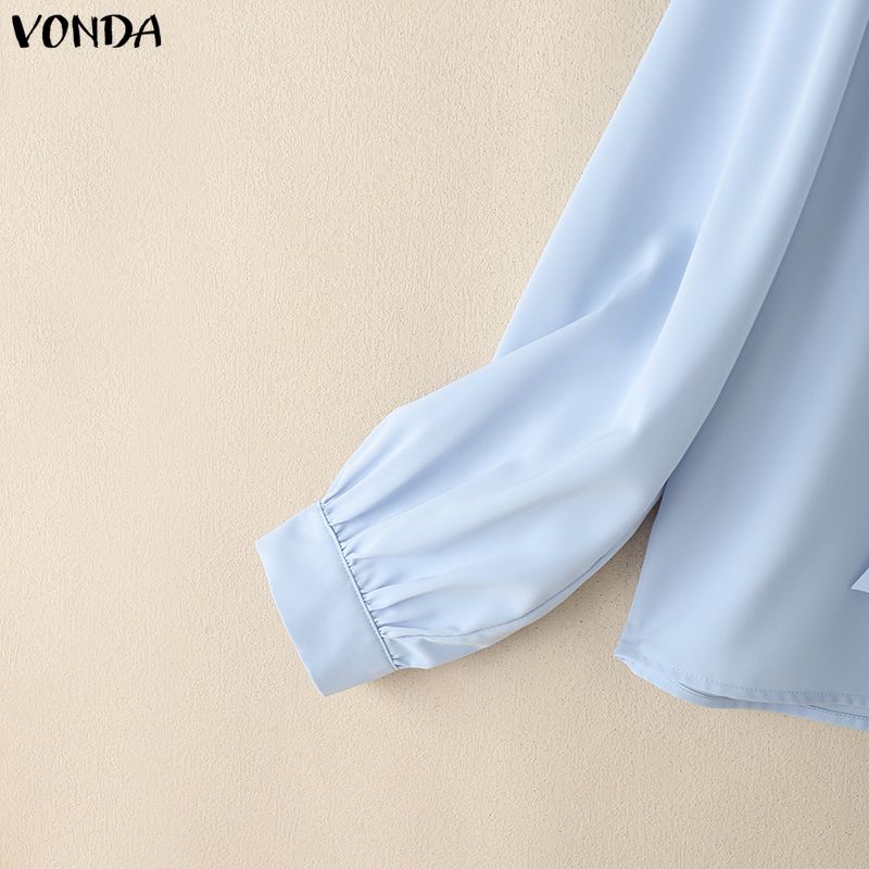 VONDA Womens Casual Tie Up V Neck Long Sleeve Casual Office Shirts Blouse