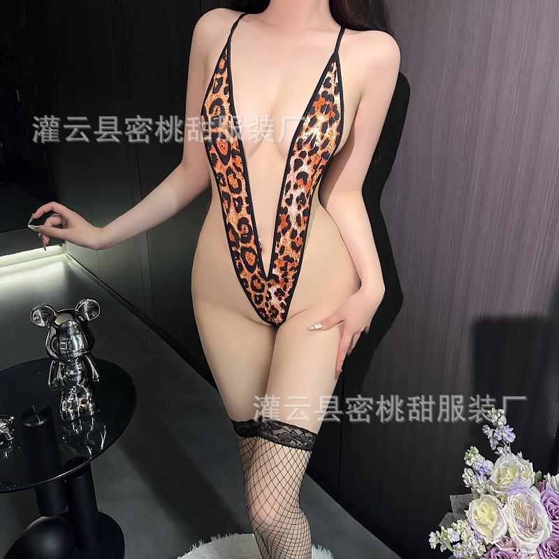 Sexy Lingerie Sexy Deep V Adjustable Leopard Print Onesie Wild Ladies Pajamas Uniform Seduction