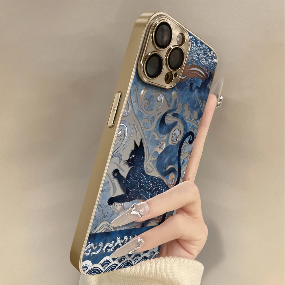 Dark Blue Cat Is Suitable for Apple 17promax16 New 15 Mobile Phone Case iPhone13 Mirror Apple 17 Mirror