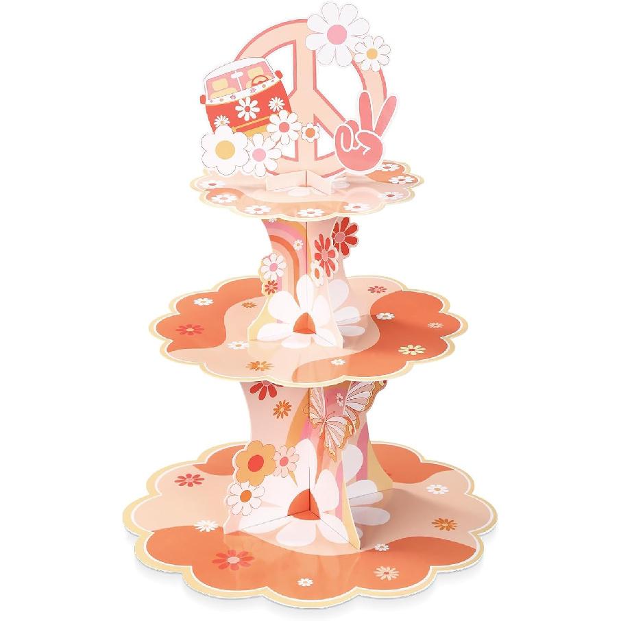 Zopeal 3 Tier Groovy Cupcake Stand Two Groovy Party Decorations Boho Hippie Birthday Party Decor Daisy Flower Dessert Tower for Boho Retro Hippie