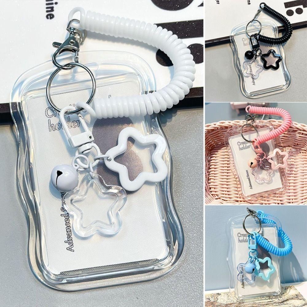Cartoon Soft Silicone Kpop Photocard Holder Spring Rope With Star Keychain Transparent Card Holder Sliding Cover