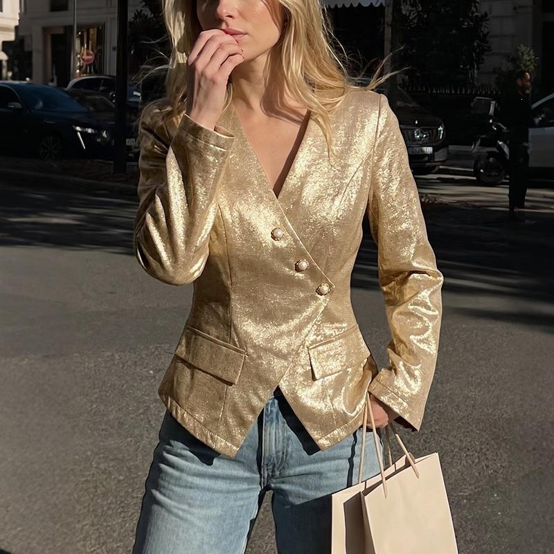 Tiktok Temperament Retro Style Gold V-Neck Slim Long-Sleeved Blazer