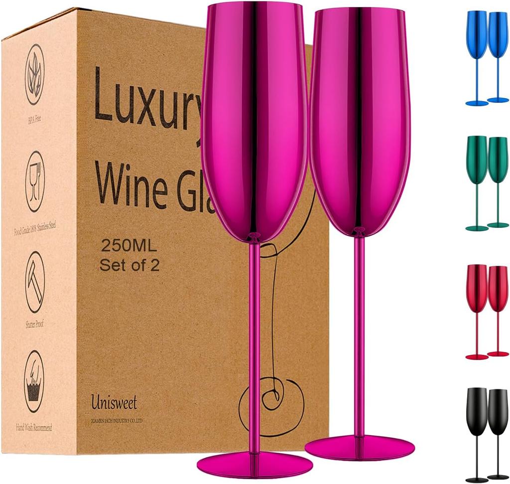 Stainless Steel Champagne Flutes Set of 2, Gold Unbreakable 8.5 oz for Wedding, Party, Christmas, Anniversary, Birthday Gifts