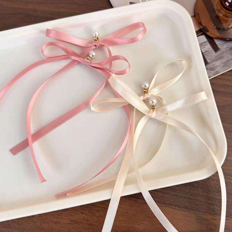 Elegant Imitation Pearl Earring Long Ribbon Bowknot Drop Earrings for Women Aesthetic Ear Studs Wedding Party Jewelry