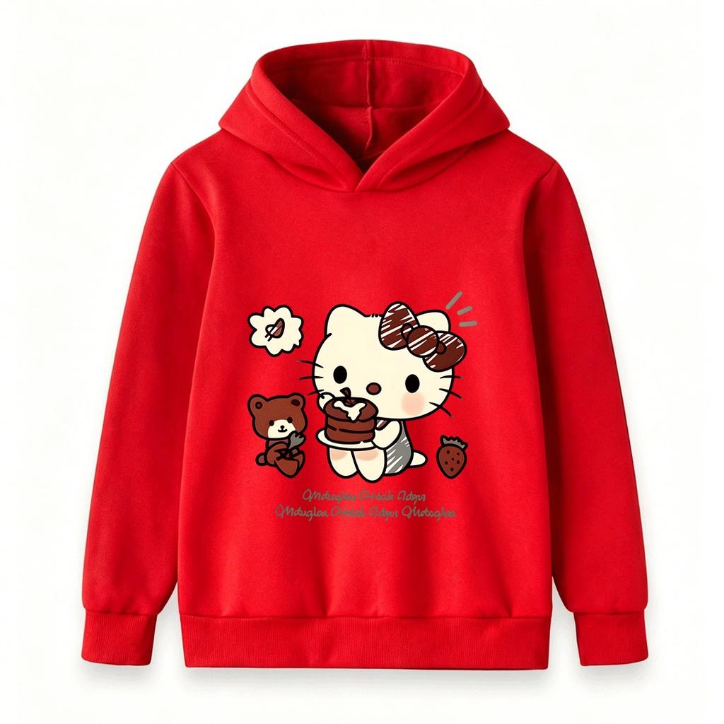 Kids Boys Girls Hooded Pullover Sweatshirt Cute Cartoon Cat Print Chocolate Cake Bear Strawberry Casual Soft Loose Hoodie for Toddlers
