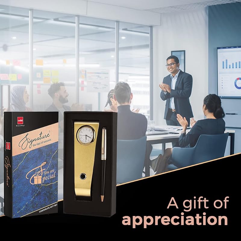 Cello Signature Corporate Gift Set | Blue Ink | 1 Ball Pen + 1 Golden Finish Table Clock with Pen Holder | Premium Metal