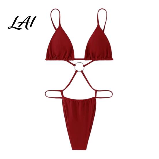 Triangle Cup Bikini Sexy One-piece Bikini Ultra-Thin Triangular Hollow Back Design Hot Girl Tops with High-Cut Pleated Trunks Adjustable Straps S красный