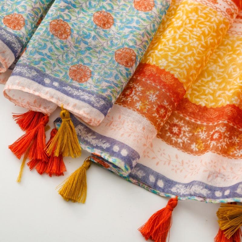 Floral Boho Scarf with Tassels - Breathable Viscose, Lightweight Beach Shawl In Red, Pink, Yellow & Green, Perfect for Spring & Summer